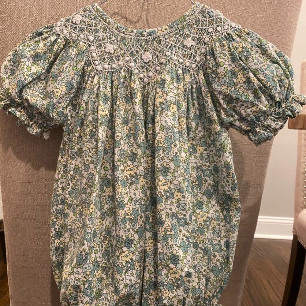 Smocking Bird Smocked Green Floral Bubble 9mo